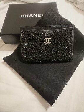 CHANEL Black Crystal Card Holder with Silver CC